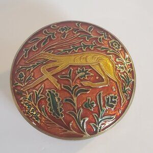 Vintage Enamel  Jewelry Trinket Box Round Brass Top Cloisonne Deer Design